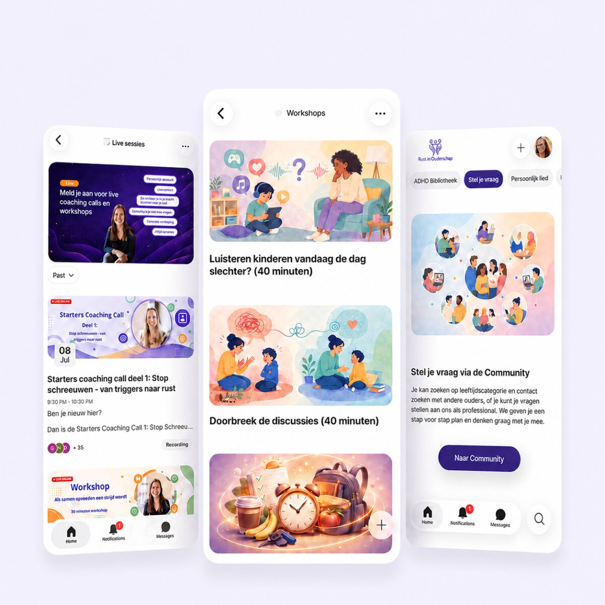 Schermen van de OpvoedApp met workshops, live sessies en community